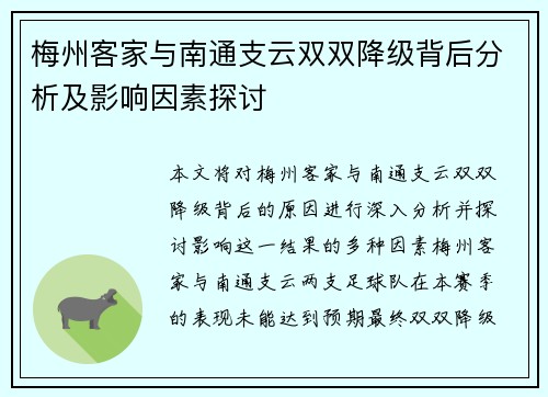 梅州客家与南通支云双双降级背后分析及影响因素探讨 梅州客家与南通支云双双降级背后分析及影响因素探讨